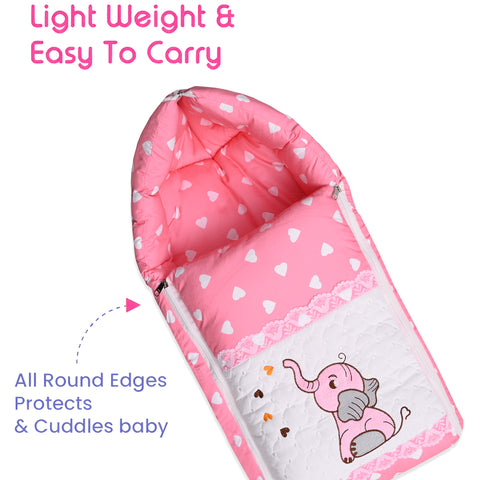 Embroidery Pink Elephant Sleeping Bag & Carry Nest, Cotton Baby Bedding for New Born & Infant