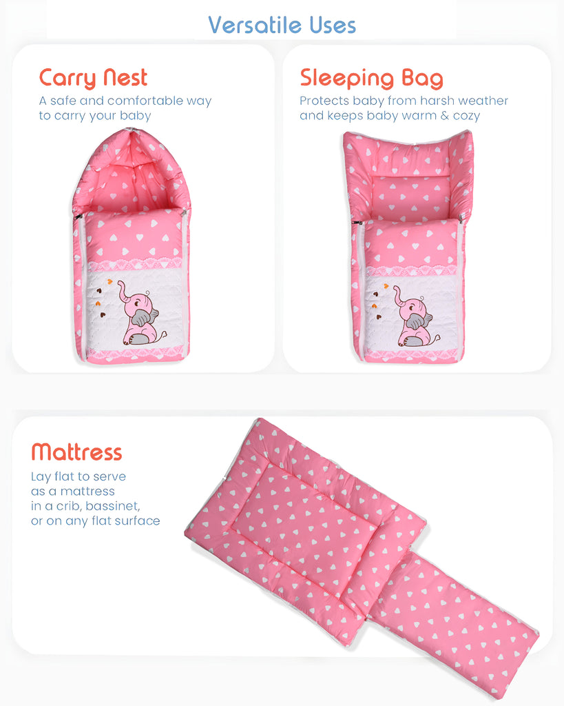 Embroidery Pink Elephant Sleeping Bag & Carry Nest, Cotton Baby Bedding for New Born & Infant