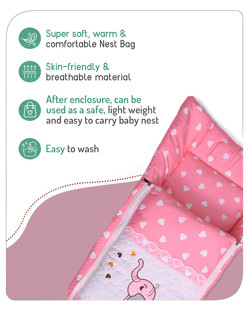 Embroidery Pink Elephant Sleeping Bag & Carry Nest, Cotton Baby Bedding for New Born & Infant