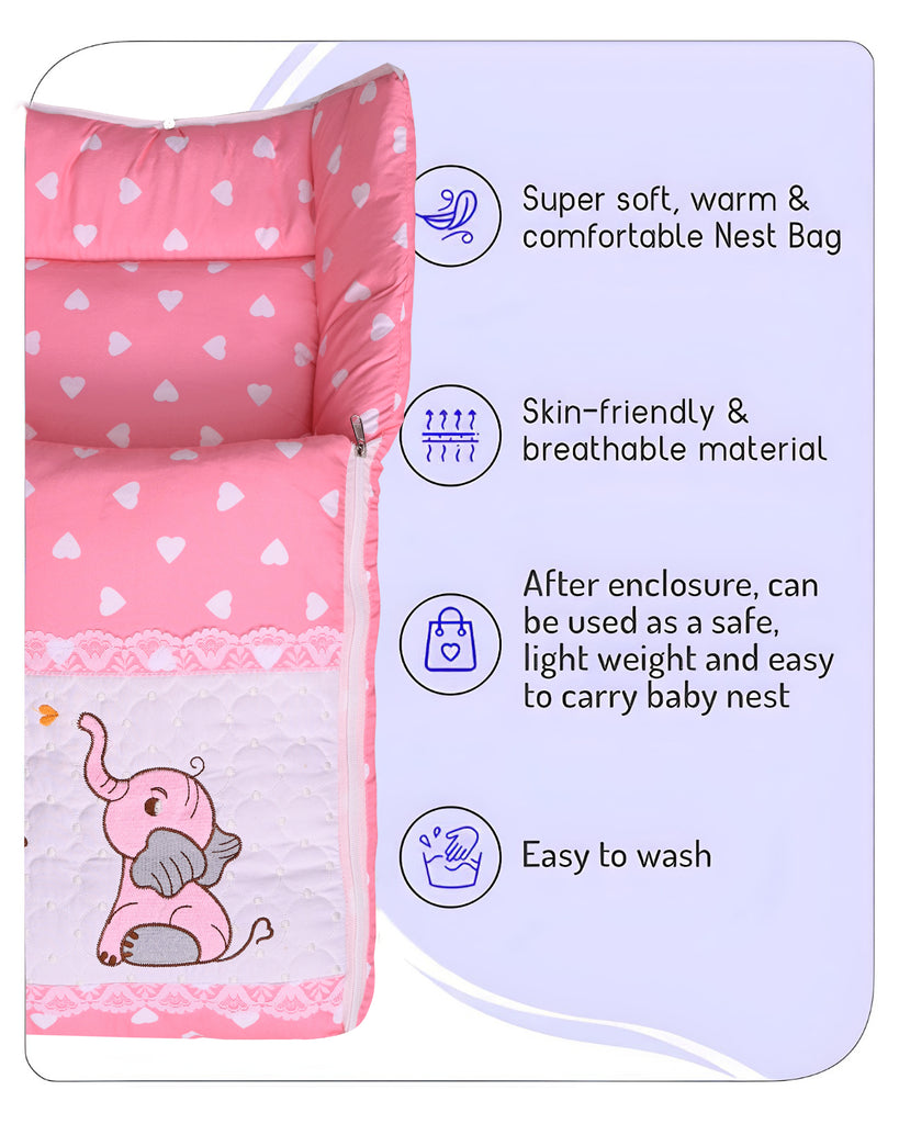 Embroidery Pink Elephant Sleeping Bag & Carry Nest, Cotton Baby Bedding for New Born & Infant