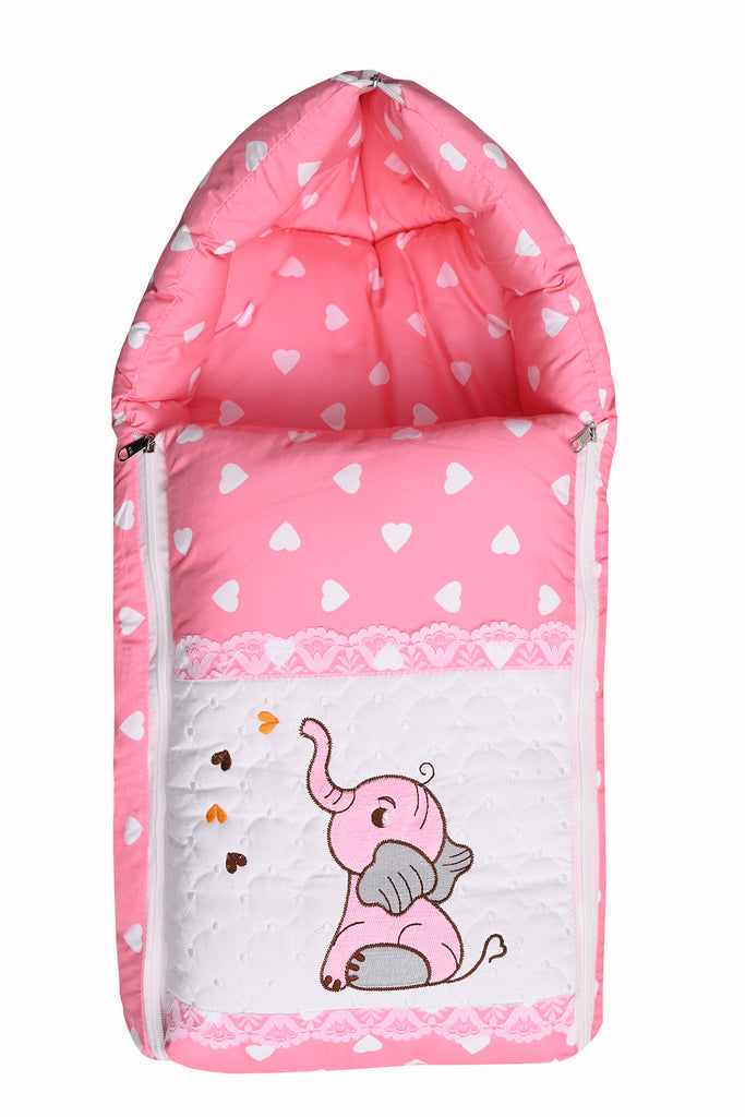 Embroidery Pink Elephant Sleeping Bag & Carry Nest, Cotton Baby Bedding for New Born & Infant