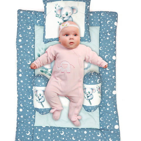 Sky Blue Baby Bedding Set with Cute Design, Cotton Sleeping Bag with Mattress and Pillow Portable Bassinet for Baby Carrying &Sleeping, 0-24 Months
