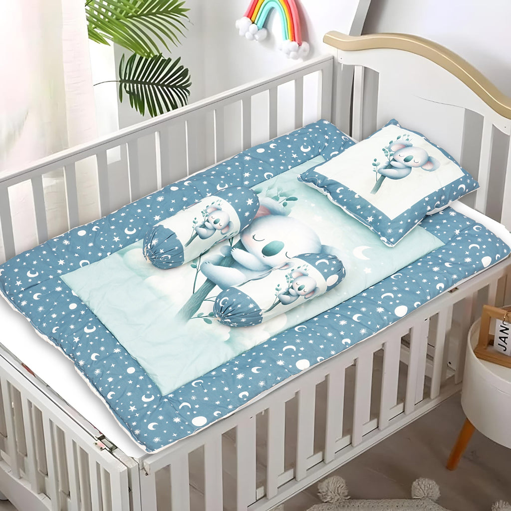 Sky Blue Baby Bedding Set with Cute Design, Cotton Sleeping Bag with Mattress and Pillow Portable Bassinet for Baby Carrying &Sleeping, 0-24 Months