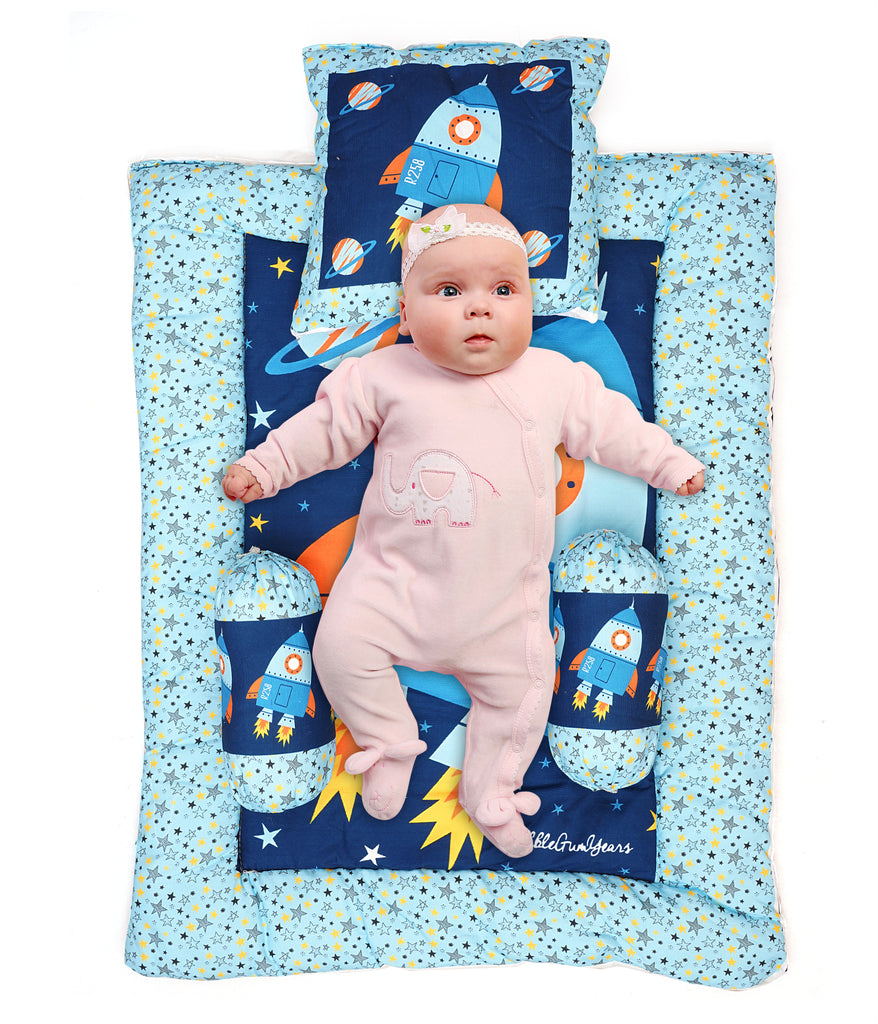 Blue Space Baby Bedding Set with Cute Design, Cotton Sleeping Bag with Mattress and Pillow Portable Bassinet for Baby Carrying &Sleeping, 0-24 Months