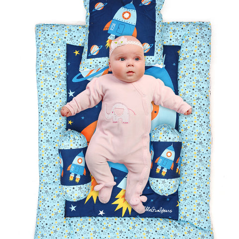 Blue Space Baby Bedding Set with Cute Design, Cotton Sleeping Bag with Mattress and Pillow Portable Bassinet for Baby Carrying &Sleeping, 0-24 Months