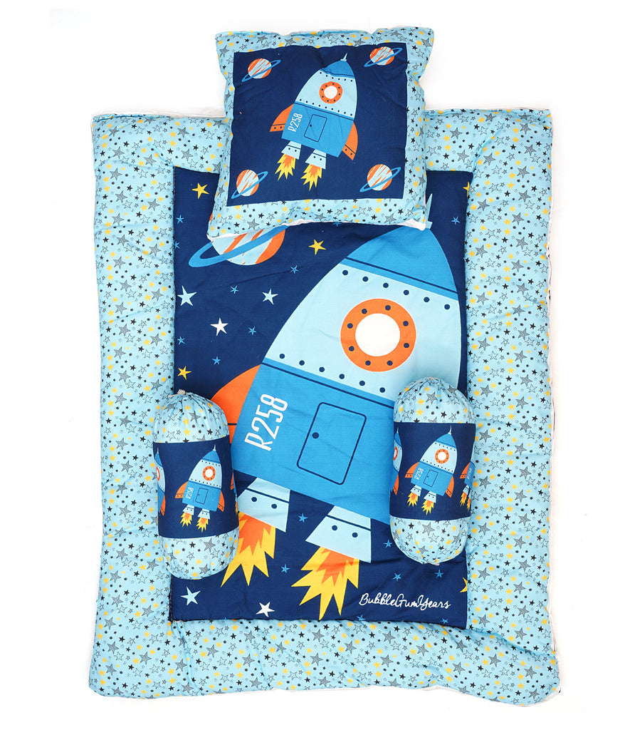Blue Space Baby Bedding Set with Cute Design, Cotton Sleeping Bag with Mattress and Pillow Portable Bassinet for Baby Carrying &Sleeping, 0-24 Months