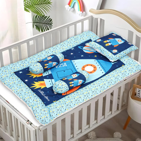 Blue Space Baby Bedding Set with Cute Design, Cotton Sleeping Bag with Mattress and Pillow Portable Bassinet for Baby Carrying &Sleeping, 0-24 Months