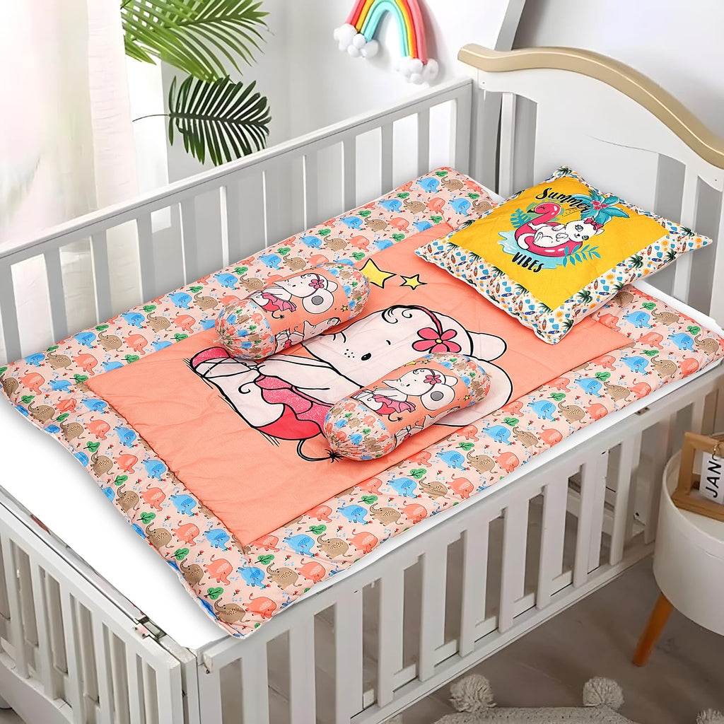 Baby Bedding Set with Cute Design, Cotton Sleeping Bag with Mattress and Pillow Portable Bassinet for Baby Carrying &Sleeping, 0-24 Months