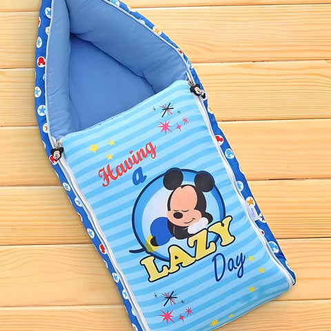 Blue Lazy Micky Printed 3 in 1 Baby Bed, Sleeping Bag & Carry Nest, Cotton Baby Bedding for New Born & Infant, Portable Bassinet, for Baby Carrying & Unisex Baby Sleeping Bed, 0 to 12M