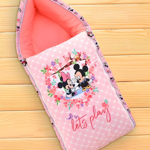 Let's Play With Minnie Printed 3 in 1 Baby Bed, Sleeping Bag & Carry Nest, Cotton Baby Bedding for New Born & Infant, Portable Bassinet, for Baby Carrying & Unisex Baby Sleeping Bed, 0 to 12M
