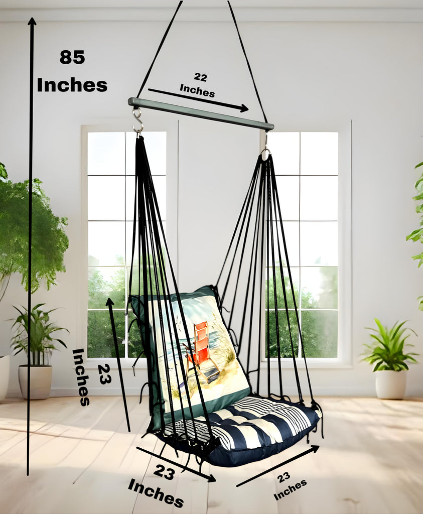 Blue Printed Cotton Garden Hammock Swing For Adult & Kids Hammock Hanging Jhula Indoor & Outdoor For Home | Hanging Chair For Balcony, With 150 Kgs Weight Capacity
