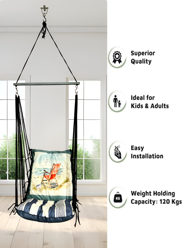 Blue Printed Cotton Garden Hammock Swing For Adult & Kids Hammock Hanging Jhula Indoor & Outdoor For Home | Hanging Chair For Balcony, With 150 Kgs Weight Capacity