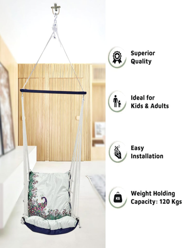 Peacock Printed Cotton Garden Hammock Swing For Adult & Kids Hammock Hanging Jhula Indoor & Outdoor For Home | Hanging Chair For Balcony, With 150 Kgs Weight Capacity
