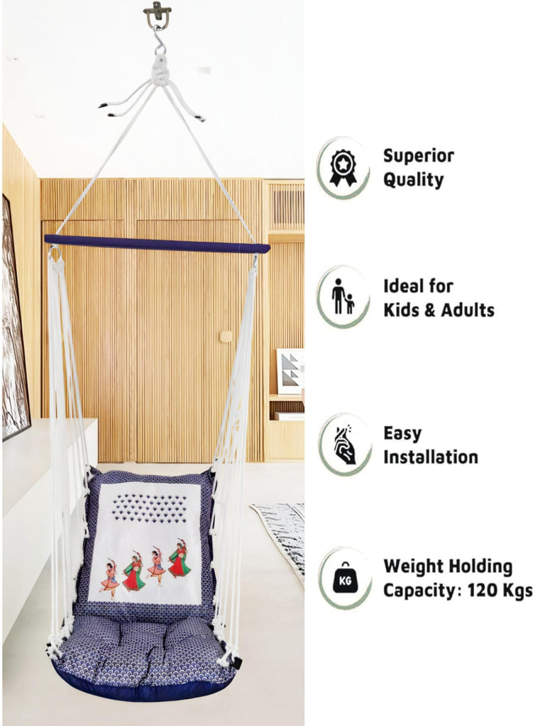 Blue Print Cotton Garden Hammock Swing For Adult & Kids Hammock Hanging Jhula Indoor & Outdoor For Home | Hanging Chair For Balcony, With 150 Kgs Weight Capacity