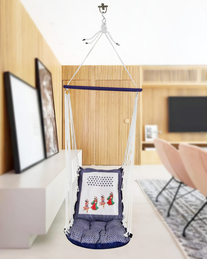 Blue Print Cotton Garden Hammock Swing For Adult & Kids Hammock Hanging Jhula Indoor & Outdoor For Home | Hanging Chair For Balcony, With 150 Kgs Weight Capacity