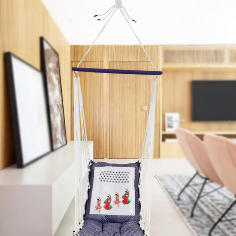 Blue Print Cotton Garden Hammock Swing For Adult & Kids Hammock Hanging Jhula Indoor & Outdoor For Home | Hanging Chair For Balcony, With 150 Kgs Weight Capacity