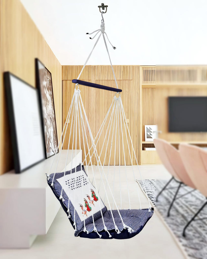 Blue Print Cotton Garden Hammock Swing For Adult & Kids Hammock Hanging Jhula Indoor & Outdoor For Home | Hanging Chair For Balcony, With 150 Kgs Weight Capacity