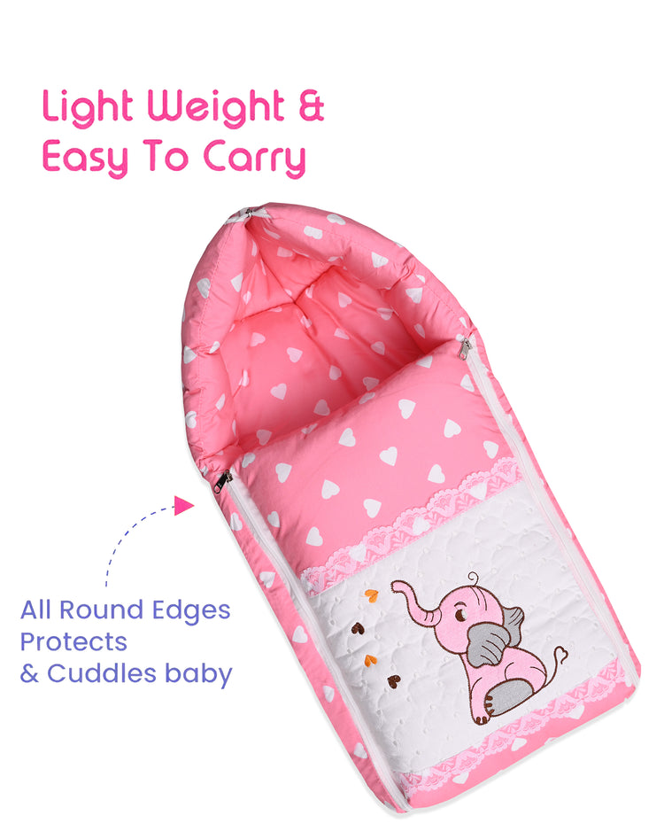 Embroidery Pink Elephant Sleeping Bag & Carry Nest, Cotton Baby Bedding for New Born & Infant