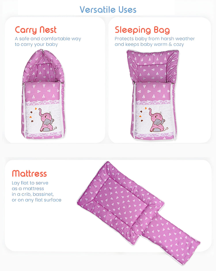 Embroidery Purple Elephant Sleeping Bag & Carry Nest, Cotton Baby Bedding for New Born & Infant