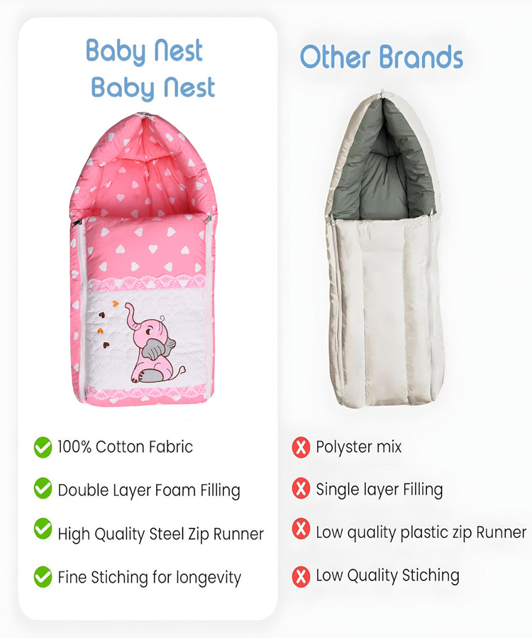 Embroidery Pink Elephant Sleeping Bag & Carry Nest, Cotton Baby Bedding for New Born & Infant