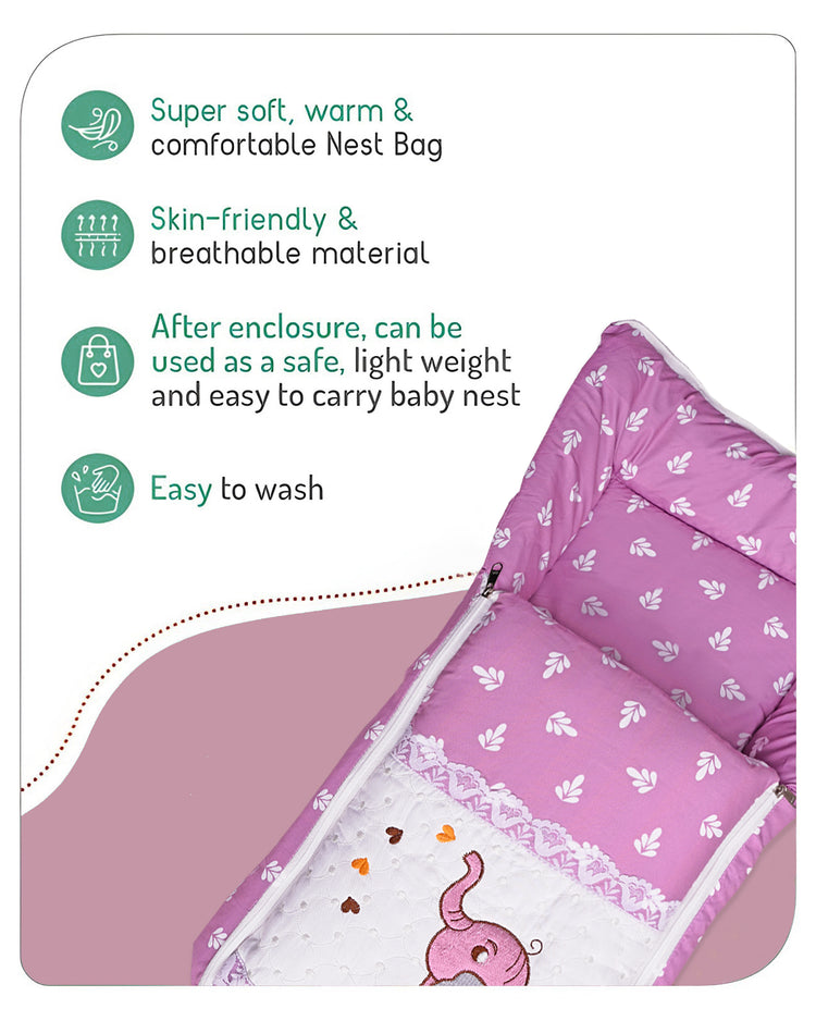 Embroidery Purple Elephant Sleeping Bag & Carry Nest, Cotton Baby Bedding for New Born & Infant
