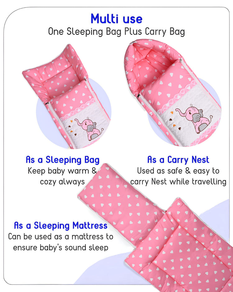 Embroidery Pink Elephant Sleeping Bag & Carry Nest, Cotton Baby Bedding for New Born & Infant