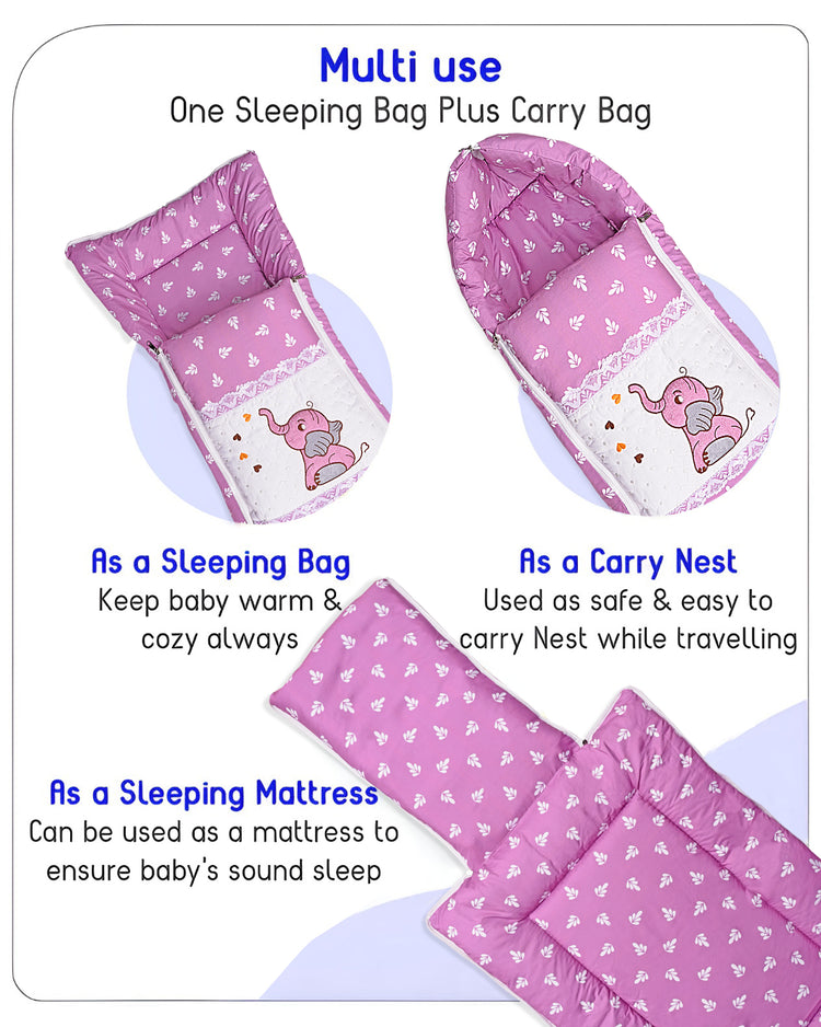 Embroidery Purple Elephant Sleeping Bag & Carry Nest, Cotton Baby Bedding for New Born & Infant