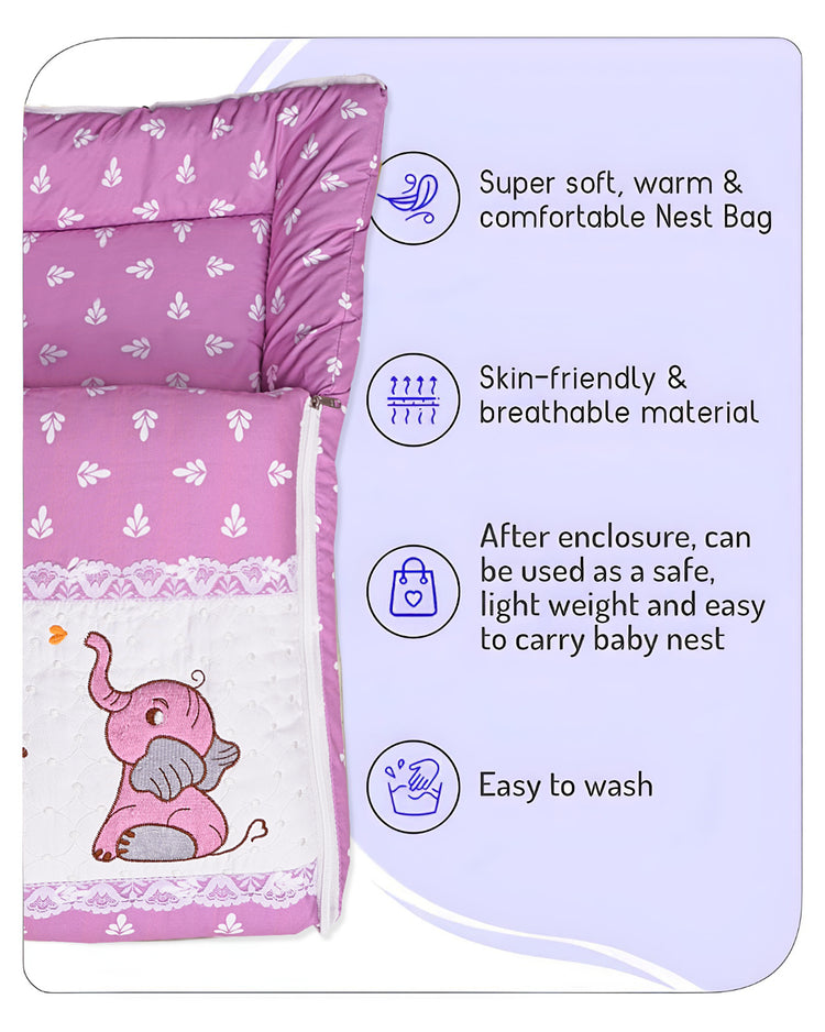 Embroidery Purple Elephant Sleeping Bag & Carry Nest, Cotton Baby Bedding for New Born & Infant