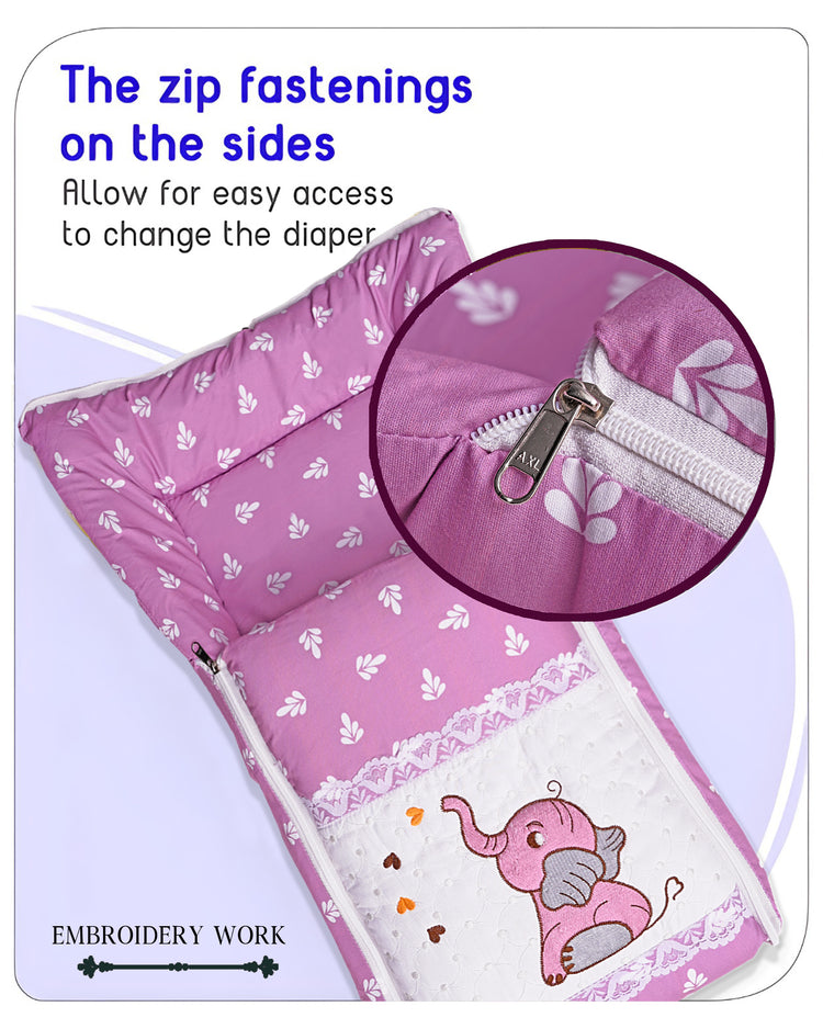 Embroidery Purple Elephant Sleeping Bag & Carry Nest, Cotton Baby Bedding for New Born & Infant