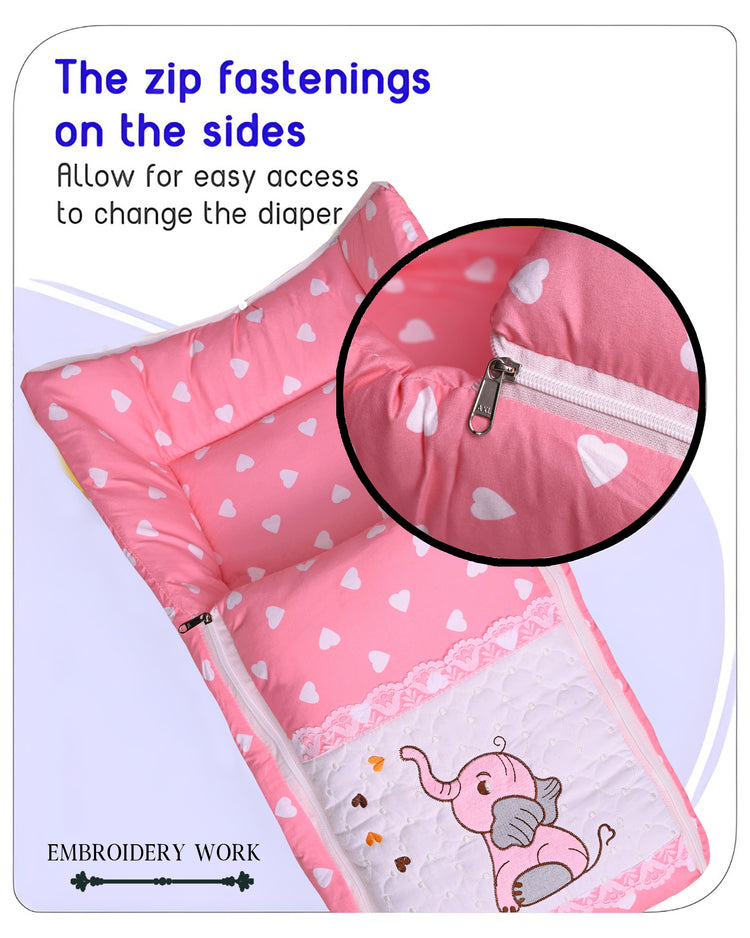 Embroidery Pink Elephant Sleeping Bag & Carry Nest, Cotton Baby Bedding for New Born & Infant