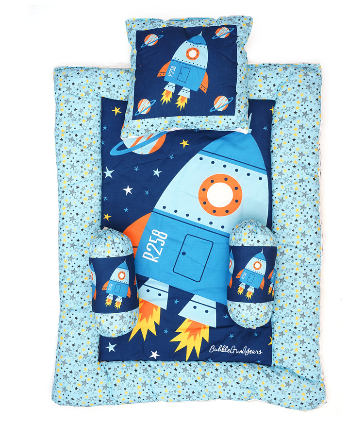 Blue Space Baby Bedding Set with Cute Design, Cotton Sleeping Bag with Mattress and Pillow Portable Bassinet for Baby Carrying &Sleeping, 0-24 Months
