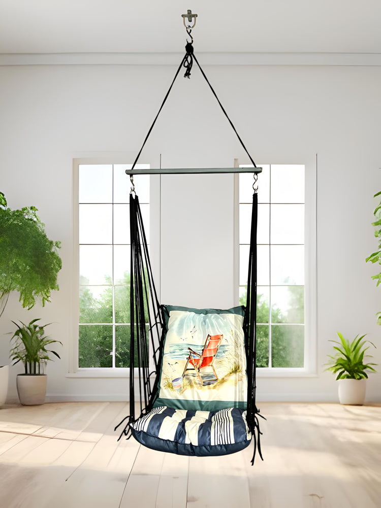 Blue Printed Cotton Garden Hammock Swing For Adult & Kids Hammock Hanging Jhula Indoor & Outdoor For Home | Hanging Chair For Balcony, With 150 Kgs Weight Capacity