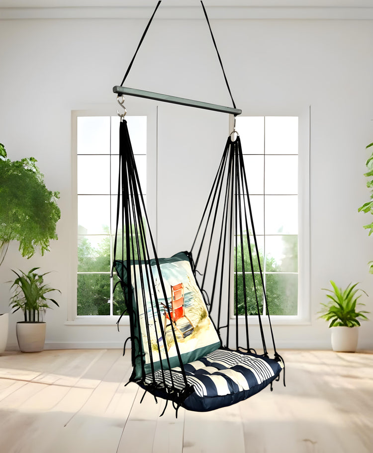 Blue Printed Cotton Garden Hammock Swing For Adult & Kids Hammock Hanging Jhula Indoor & Outdoor For Home | Hanging Chair For Balcony, With 150 Kgs Weight Capacity