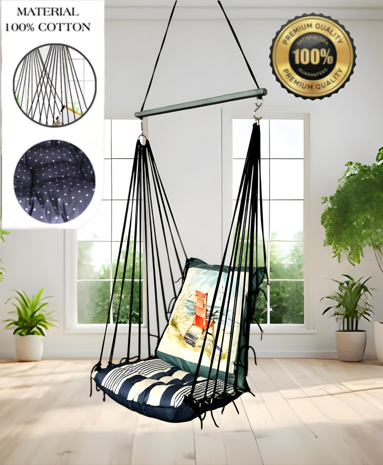 Blue Printed Cotton Garden Hammock Swing For Adult & Kids Hammock Hanging Jhula Indoor & Outdoor For Home | Hanging Chair For Balcony, With 150 Kgs Weight Capacity