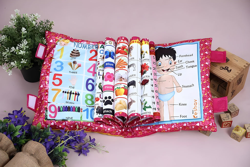 Red Printed Velvet Learning Baby Pillow, Cushion, Toys, Soft Toys, Toddler Pillow, Kids Pillow for Baby Boy, Baby Girl Color