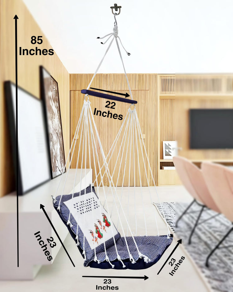 Blue Print Cotton Garden Hammock Swing For Adult & Kids Hammock Hanging Jhula Indoor & Outdoor For Home | Hanging Chair For Balcony, With 150 Kgs Weight Capacity