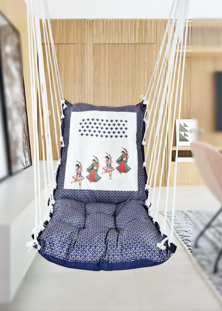 Blue Print Cotton Garden Hammock Swing For Adult & Kids Hammock Hanging Jhula Indoor & Outdoor For Home | Hanging Chair For Balcony, With 150 Kgs Weight Capacity