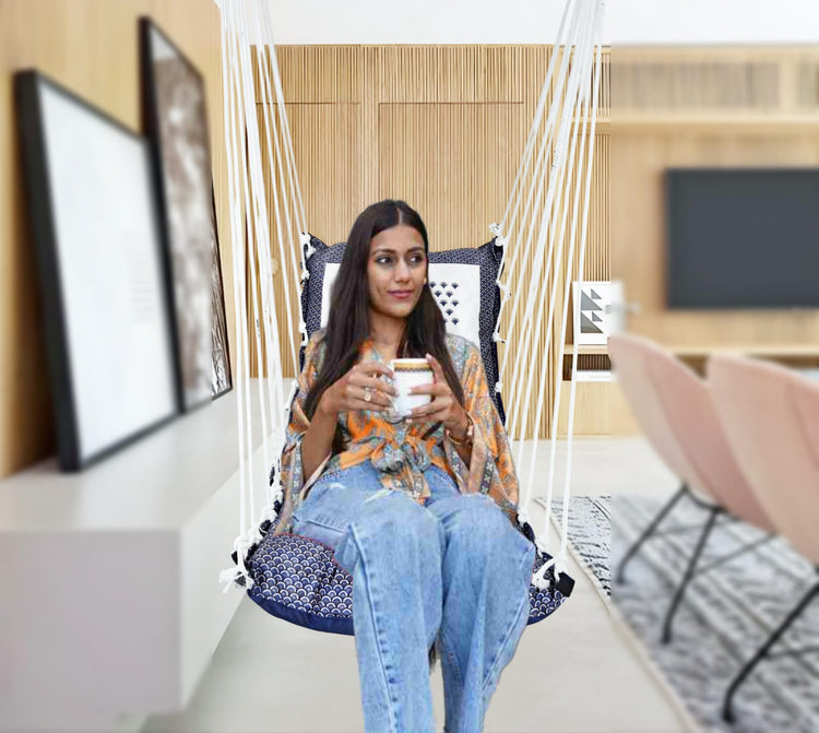 Blue Print Cotton Garden Hammock Swing For Adult & Kids Hammock Hanging Jhula Indoor & Outdoor For Home | Hanging Chair For Balcony, With 150 Kgs Weight Capacity